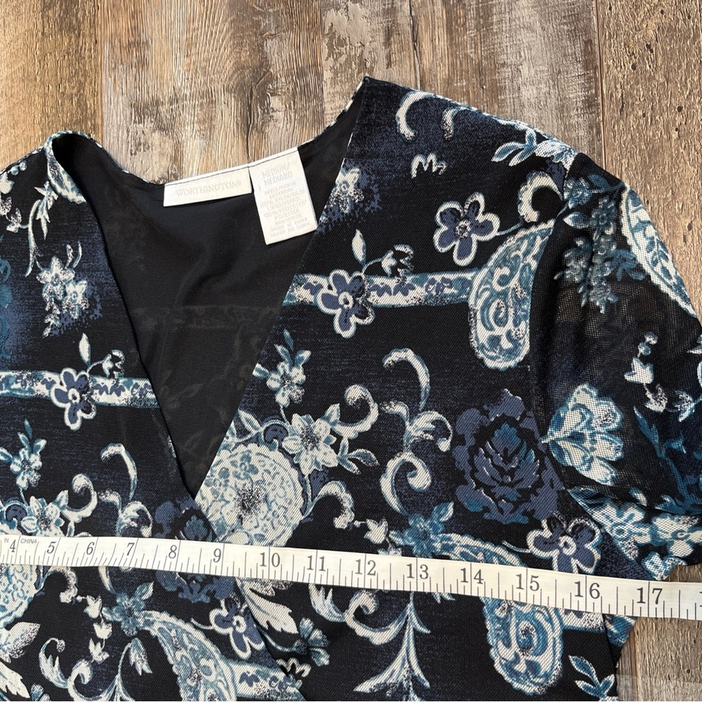 Worthington Grunge Y2K Fairy Paisley Floral Mesh Faux Wrap Top Sz M Romantic - Picture 9 of 13